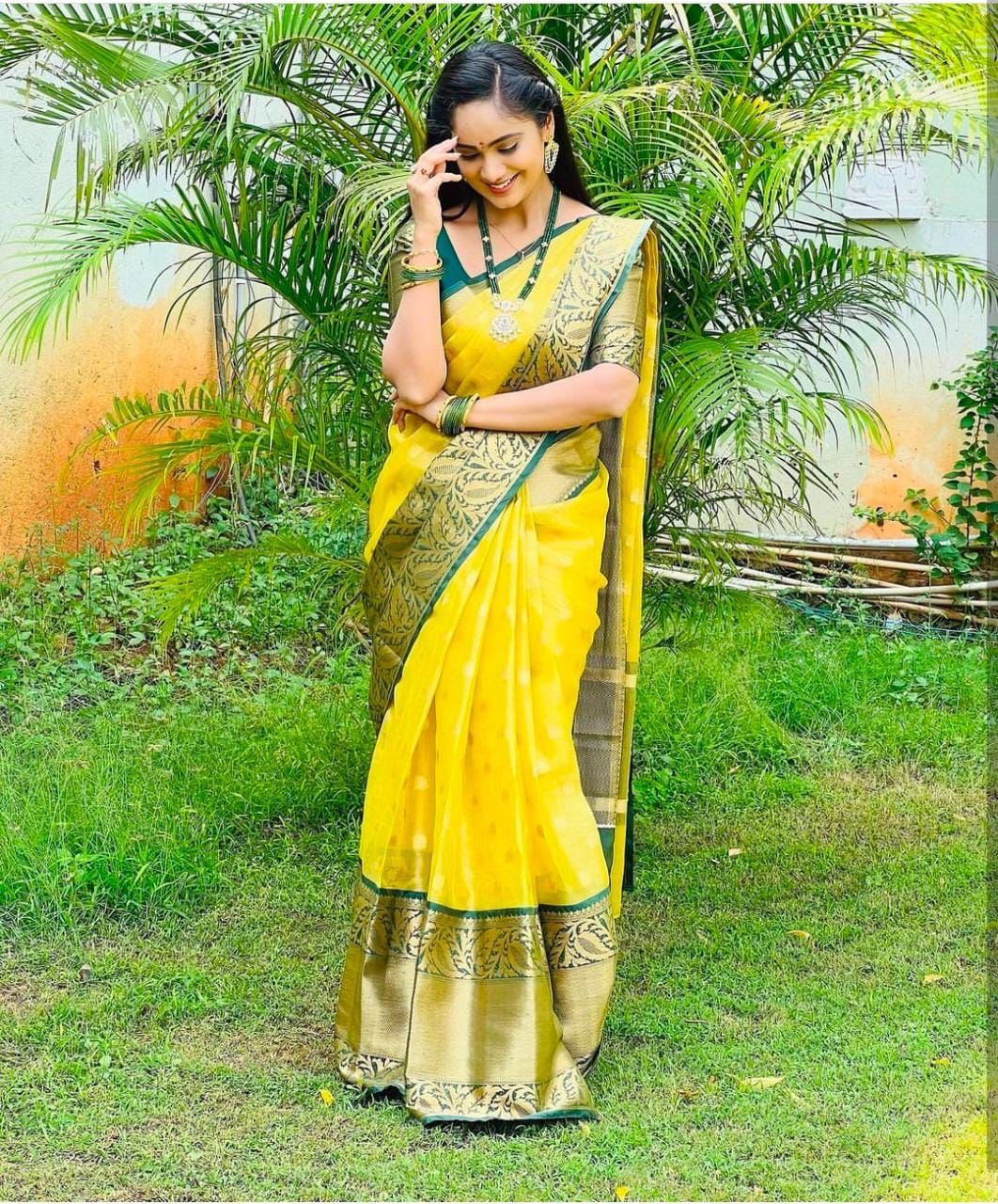 Yellow Green By DDF Lichi SIlk Designer Sarees Catalog